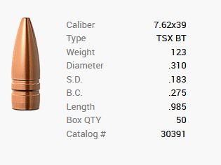 Barnes Geschoss 7,62x39/.310 123GR TSX BT 50 Stück