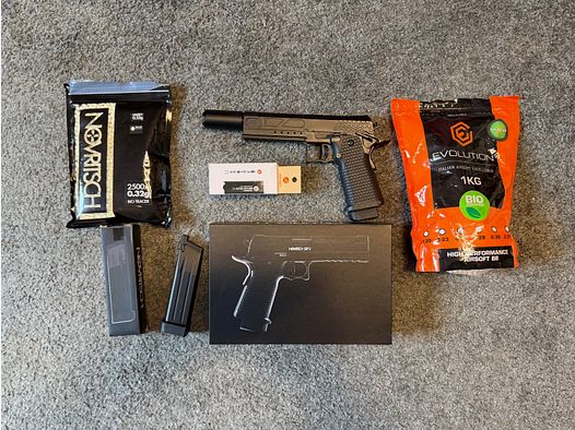 Pistolet airsoft Novritsch SSP2 (Gas Blowback) – Comme neuf / jamais utilisé. Avec accessoires