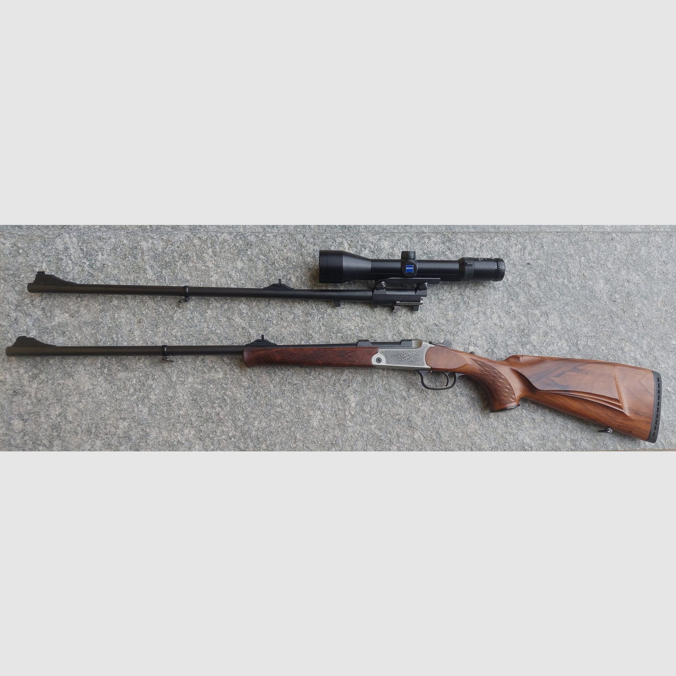 (B.N.) Over-and-under shotgun BLASER K95 cal. 8X68 luxury Yawag with deer antlers and Magna Port 2nd barrel K95 cal. 257 WBY riflescope Zeiss Diavary 2.5-10X50, image 6 of 6