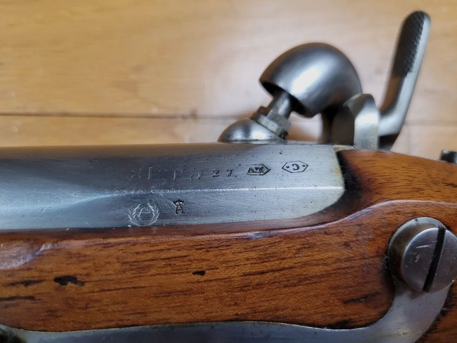 Schöner Voltigeur-Gewehr 1822 Tbis – Königliche Manufaktur Saint-Etienne 1830 – Umgebaut T in Tulle dann Bis in Tulle ebenfalls – Perfekt homogen – Bajonett – Hervorragender Zustand!, Bild 22 von 32