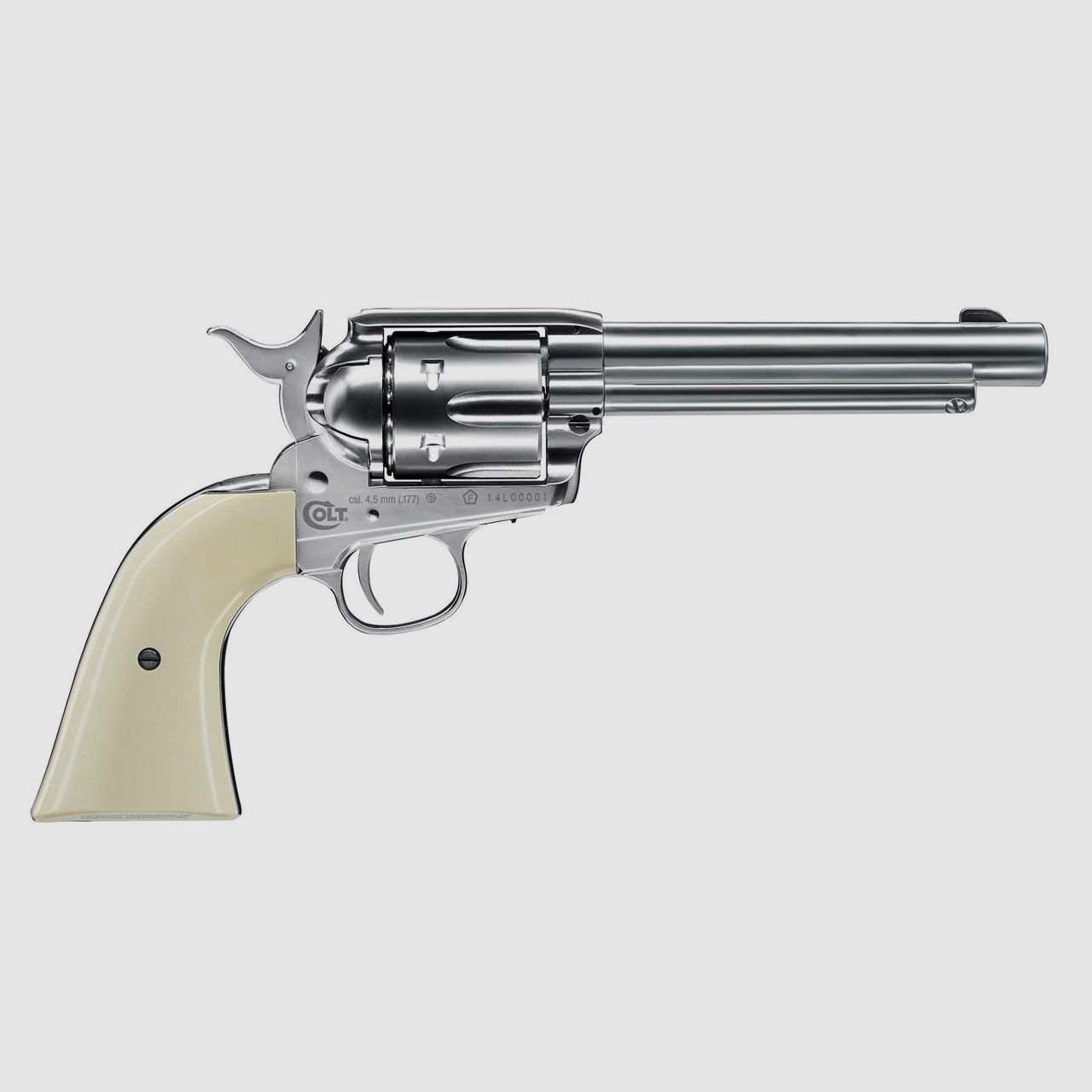 CO2 Revolver Colt Single Action Army SAA .45 5.5 Zoll Nickel Finish weiĂźe Griffschalen Kaliber 4,5 mm BB (P18)+ Stahlrundkugeln CO2 Kapsel