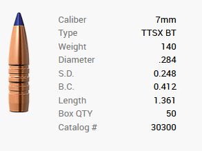 Proyectil Barnes 7mm/.284 140GR Tipped TSX BT 50 piezas