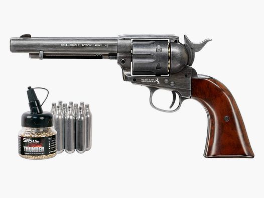 CO2 Revolver Colt Single Action Army SAA .45 5.5 Zoll Antik Finish Kaliber 4,5 mm BB (P18)+ Stahlrundkugeln CO2 Kapsel