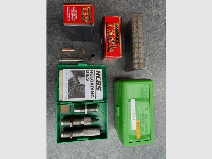 RCBS die set for caliber .416 Remington Magnum with cases and bullets