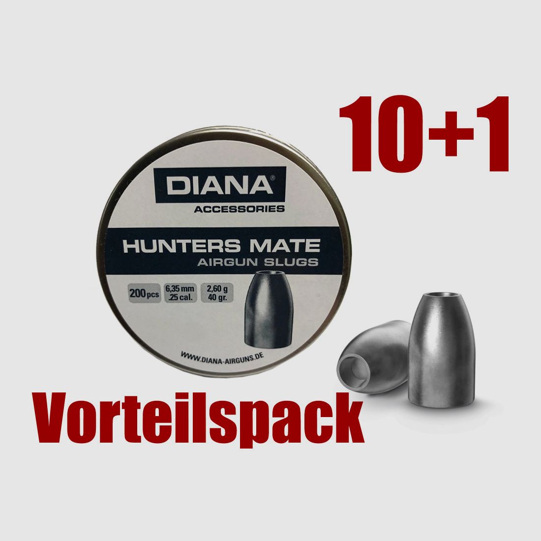 Vorteilspack 10+1 Hohlspitz Diabolos Diana Hunters Mate Airgun Slug Kaliber 6,35 mm 2,6 g glatt 11 x 200 StĂĽck