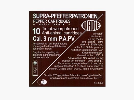 WADIE cartouches à gaz pour armes SRS cal. 9mm P.A. PV-Pfeffer SUPRA 10 pièces pour pistolets à gaz