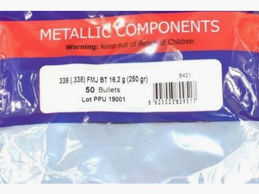 PPU Bullets .338/8.5mm FMJ BT in 250 Grain / 16.2 Grams - 50 pcs #B-421 - Privi Partizan
