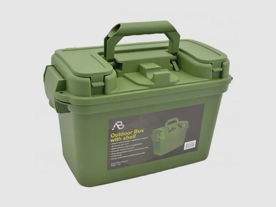 Box / ammunition box with inner bottom - 38 x 19 x 24cm, olive - splash-proof + lockable, impact-resistant plastic