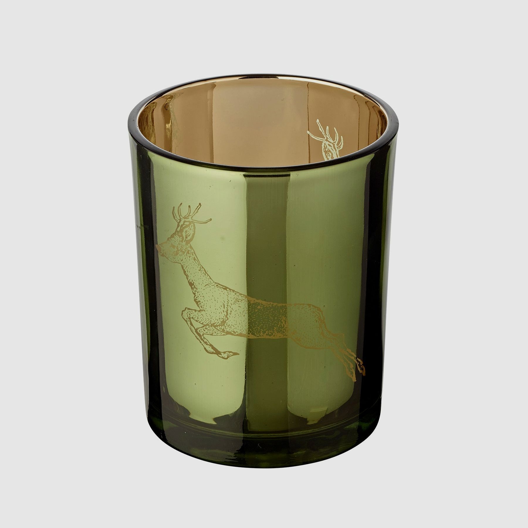 Teelichtglas Rehbock grün/gold