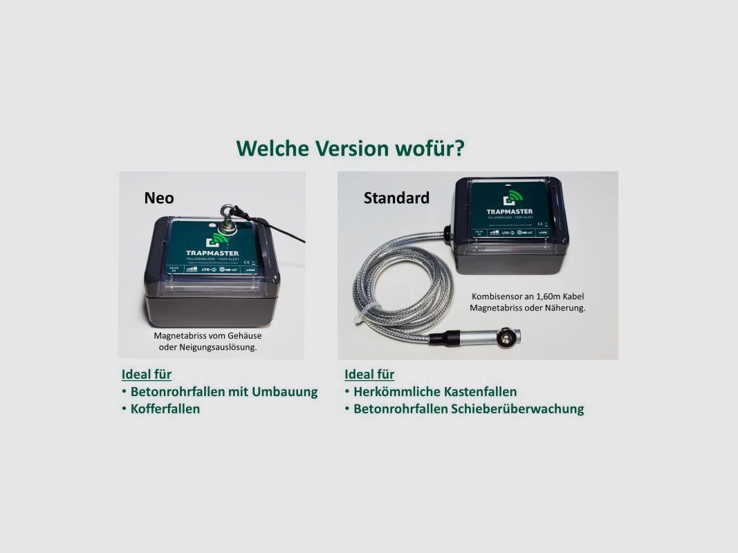 Trapmaster Fallenmelder 4G/5G Version Standard (mit Kombisensor an 1,60m Kabel. Ideal für Kastenfallen)