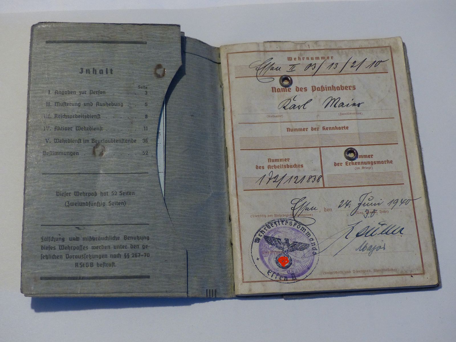 Passaporto militare 1940 II Guerra Mondiale comando di distretto militare Essen vintage