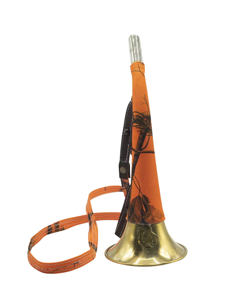 30 cm lange Januel Horn mit orangefarbenem Camouflage aus Messing, Bild 1 von 4