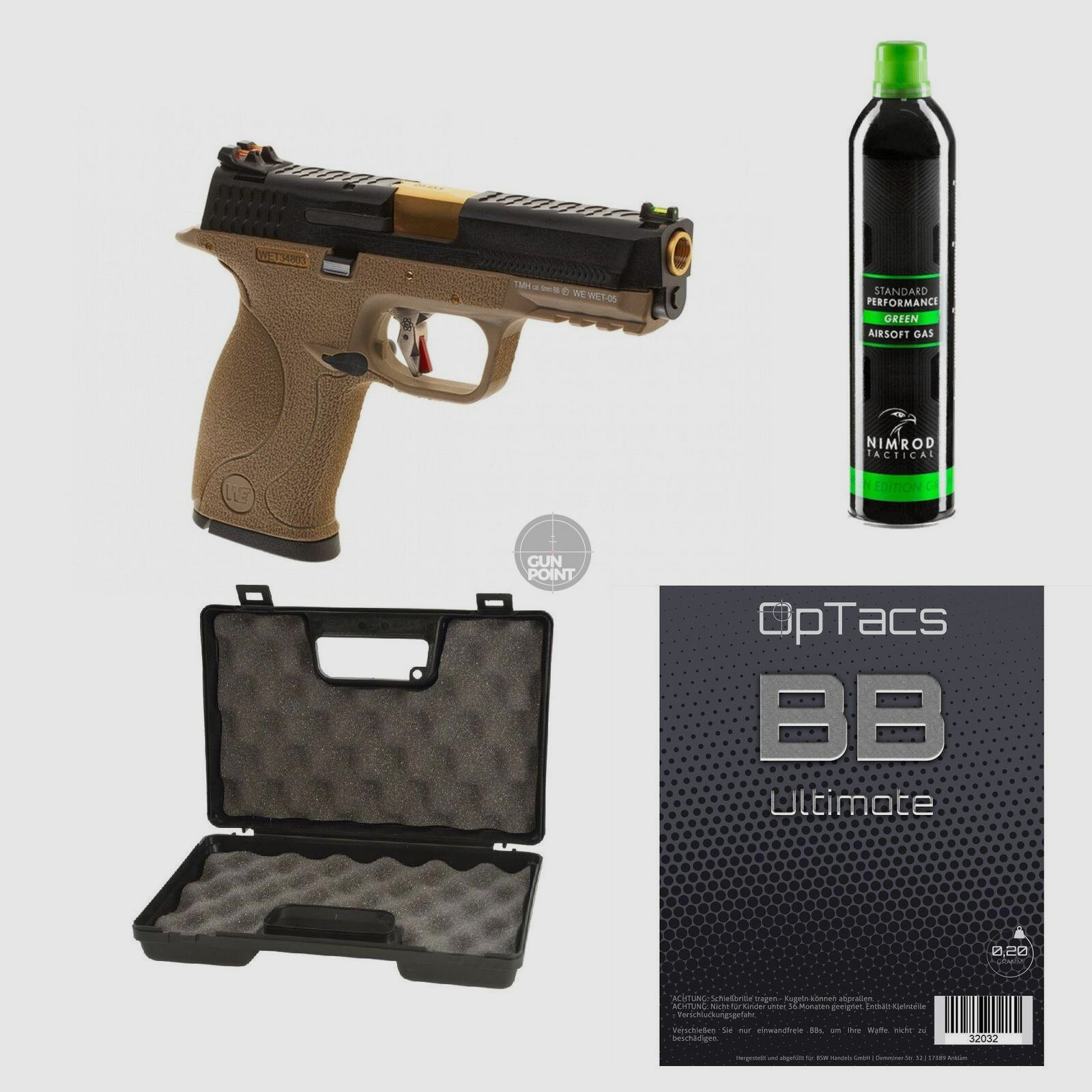 SET !!! Softair - Pistole - WE - WET-05 BK Gold Barrel Metal Version GBB FDE - ab 18, ber 0,5 Joule