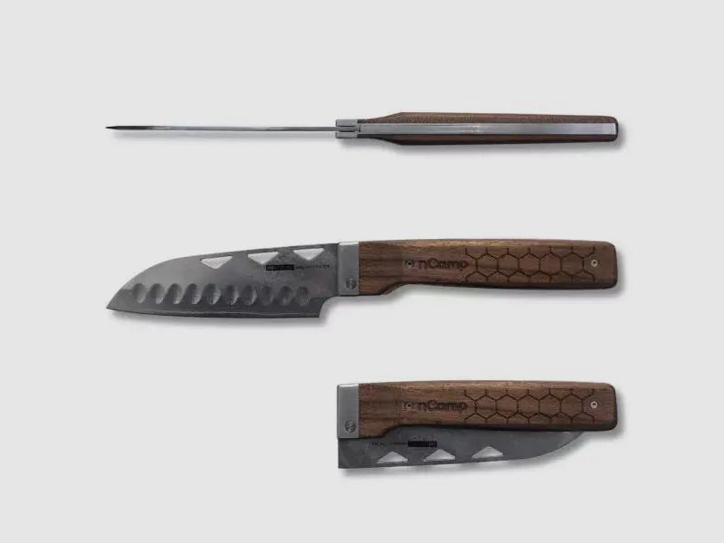 nCamp Elite Couteau de Préparation Alimentaire de Style Santoku (Lame en Damas/Poignée en Noyer) avec Étui en Cuir