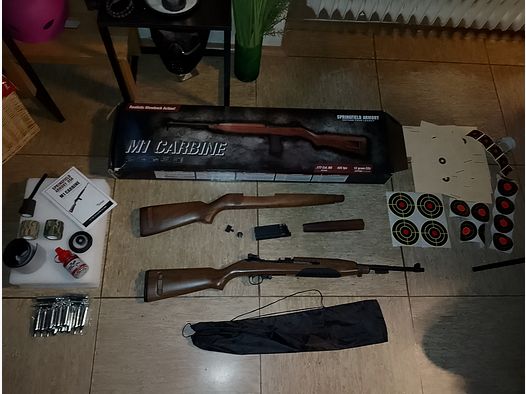 Neuwertiges Druckluftgewehr m1 carbine Springfield 4,5mm .177 + Holzschaft Zubehör Zielscheiben Stahlkugeln bb's Set Schaft Holz 30m1 