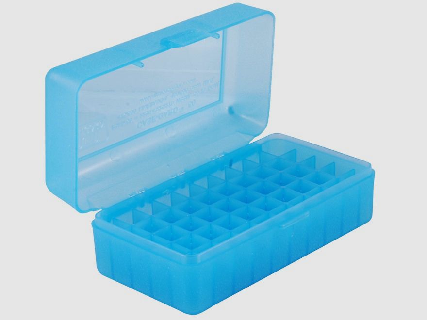 MTM scatola per cartucce RSLD-50-24 blu trasparente con coperchio a ribalta per 50 cartucce .500 S&W e altre., immagine 1 di 5
