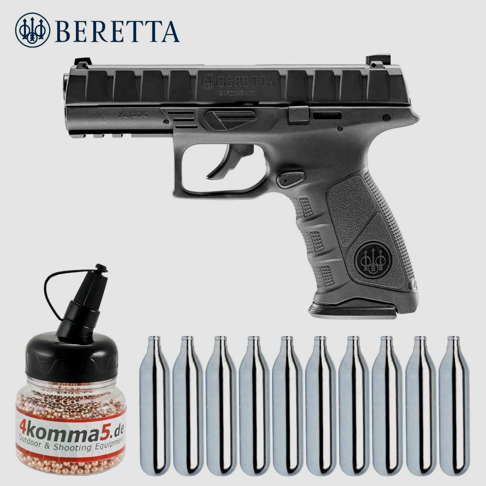 Luftpistolenset Beretta APX Stahl BB Co2-Pistole 4,5 mm Blow Back (P18) + 10 Co2-Kapseln + 1500 Stahl-BB's 4komma5