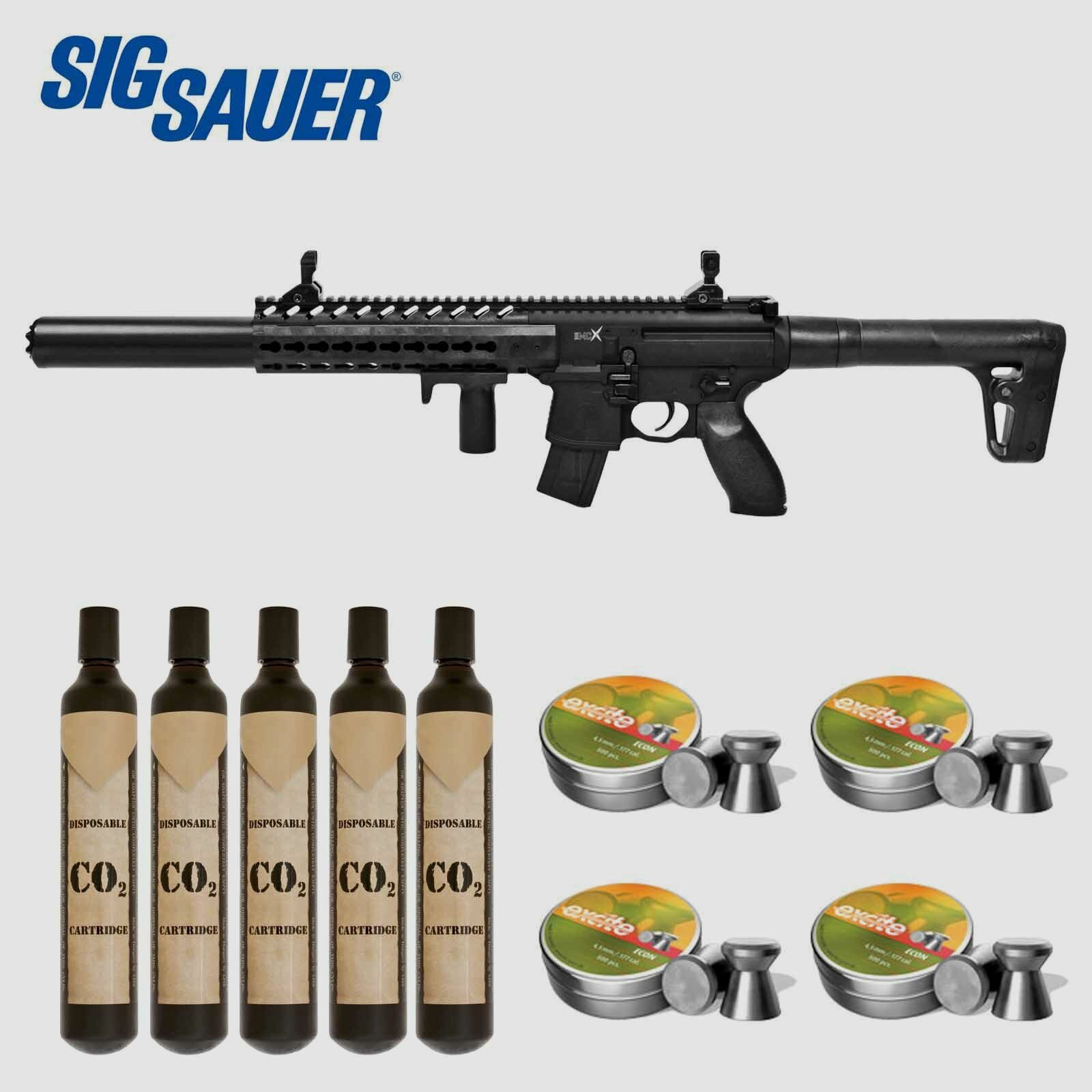 Komplettset SIG SAUER MCX Co2-Gewehr Schwarz 4,5 mm Diabolo (P18) + 5 x 88 g Co2-Kapseln + 2000 Diabolos