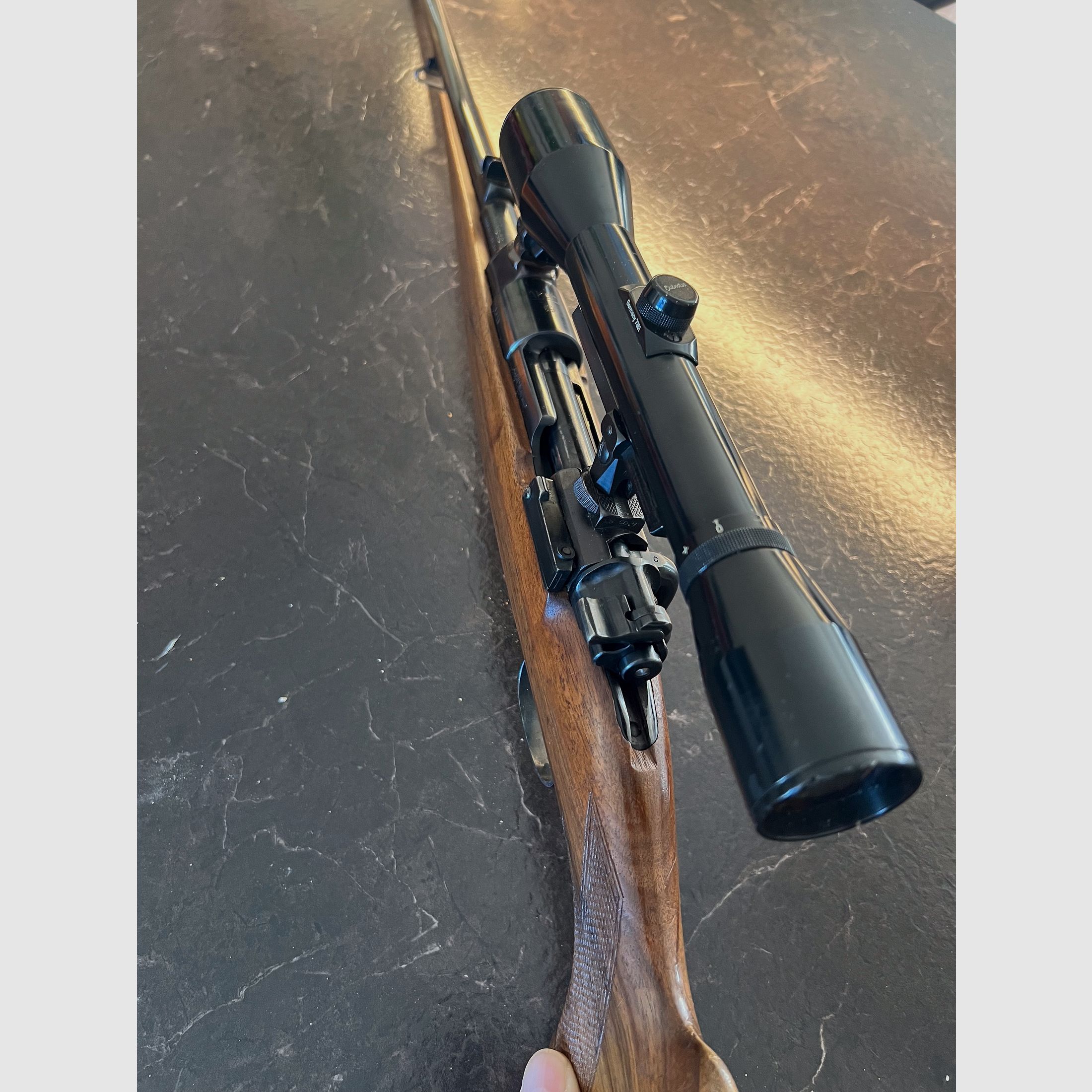 Akah 98 system Cal 7x57 trigger with Hubertus 6x42 scope (pivot mount)
