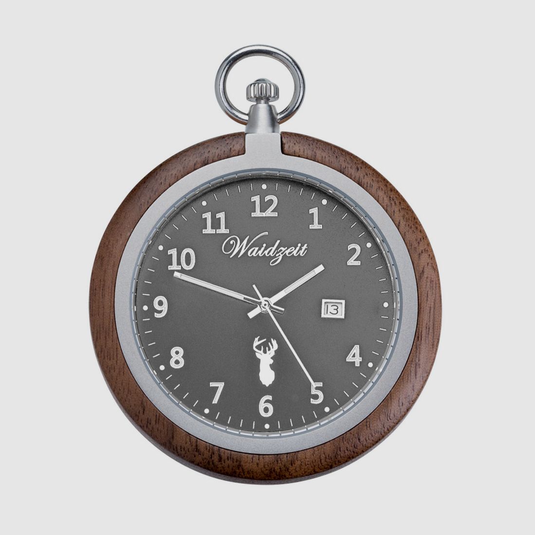 Taschenuhr Zeitlos (schwarz) aus Walnussholz mit Kette