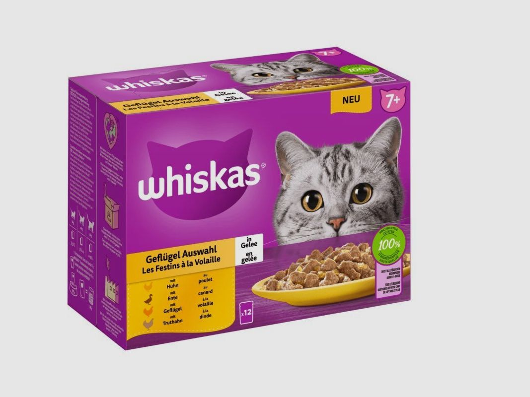 Whiskas Katzen Nassfutter Portionsbeutel in Gelee Multipack 7+ Geflügel Auswahl 12 x 85 g