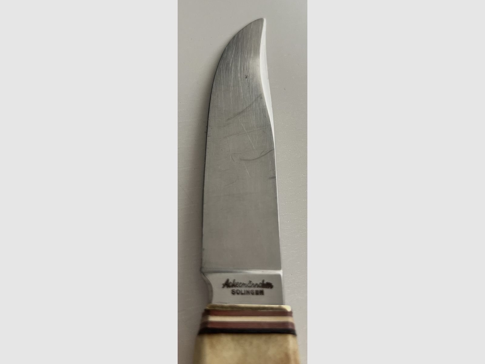 Solingen hunting knife "Ackermännchen" – Real horn handle with fine deer carving & leather sheath
