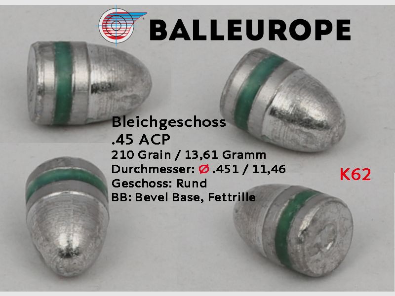 .45 ACP: 500 Stück Ø .451 11,46mm 210 Grain 13,61 Gramm Bleigeschoß RN BB Fettrille Balleurope K62