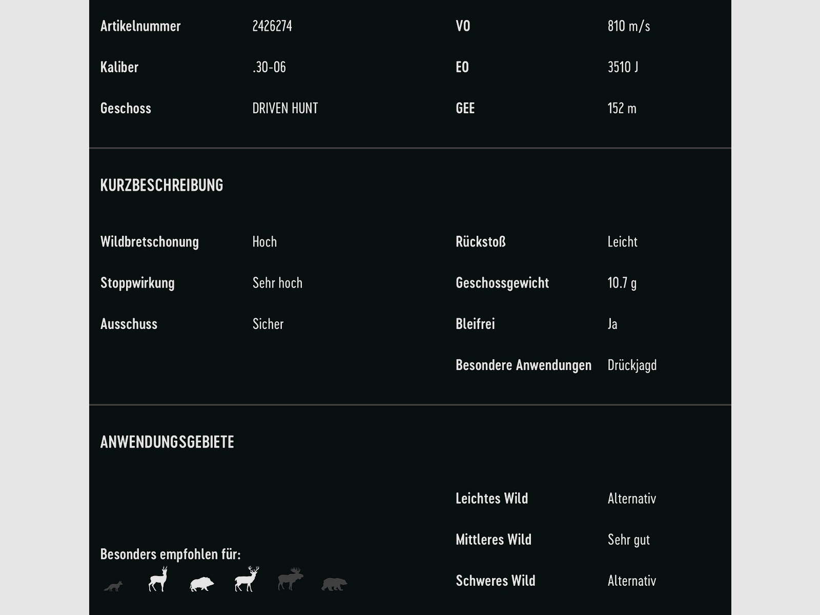 RWS 2426274 .30-06 Spr. Driven Hunt 10,7g 165grs. Bleifrei Langwaffenmunition