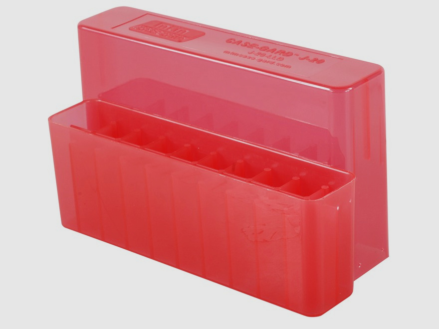 Caja de cartuchos MTM J-20-LLD-29 roja transparente con tapa para 20 cartuchos 7mm Rem. Mag. - .338 Win. Mag.