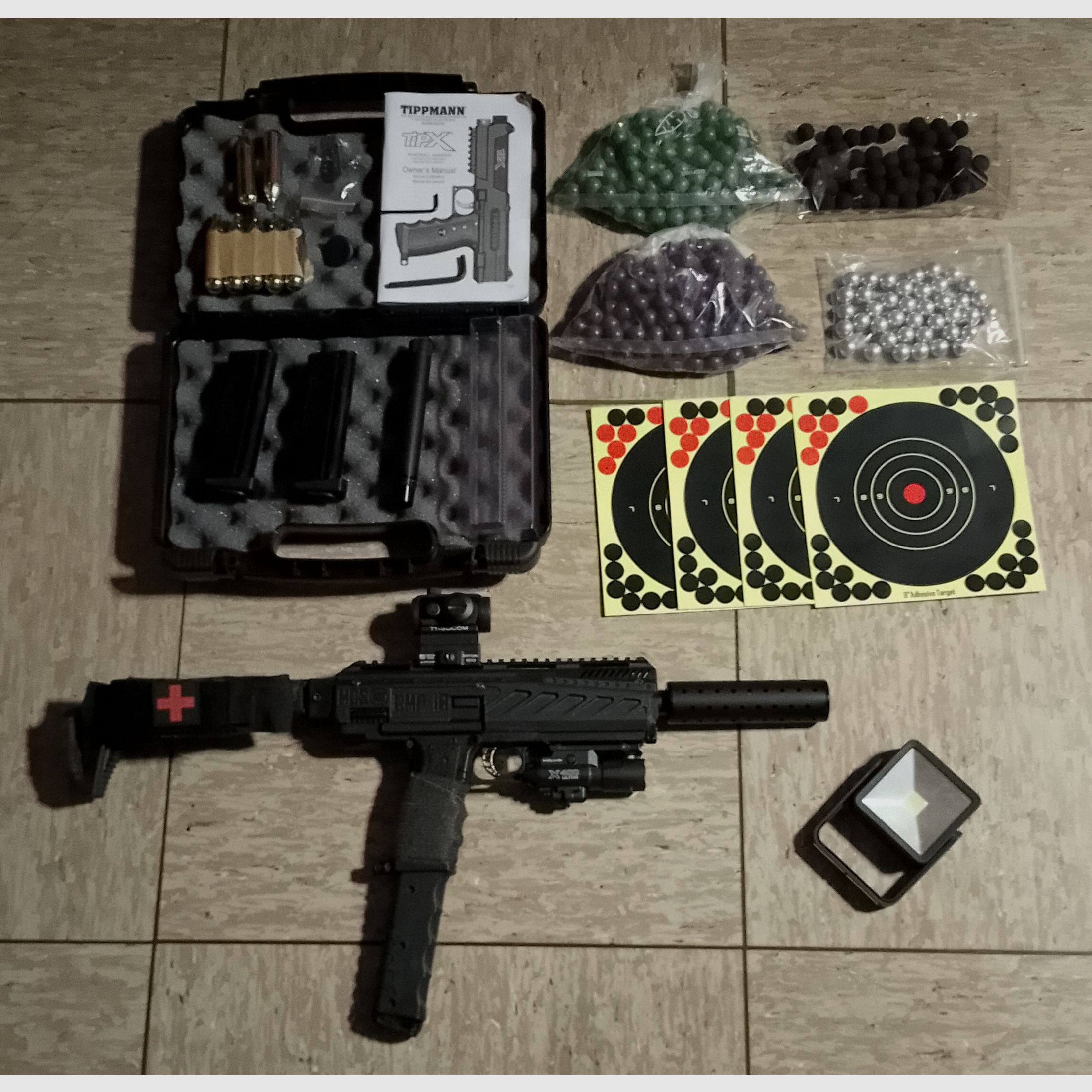 !Update! Tippmann Tipx MSC Body Kit Markierer .68 Zubehör Paintballs Gummibälle Alu Kugeln Cal 68 CO2 Set Visier Rot Grün Punkt Socom Laser Lampe