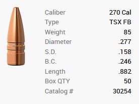 Balle Barnes .270/.277 85GR TSX FB 50 pièces