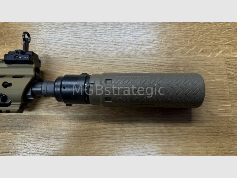 B&T AG Print X RBS I Compact QDN 223 FDE - silenziatore a flusso per soppressore di fiamma con interfaccia NATO / per interfaccia Rotex V o X