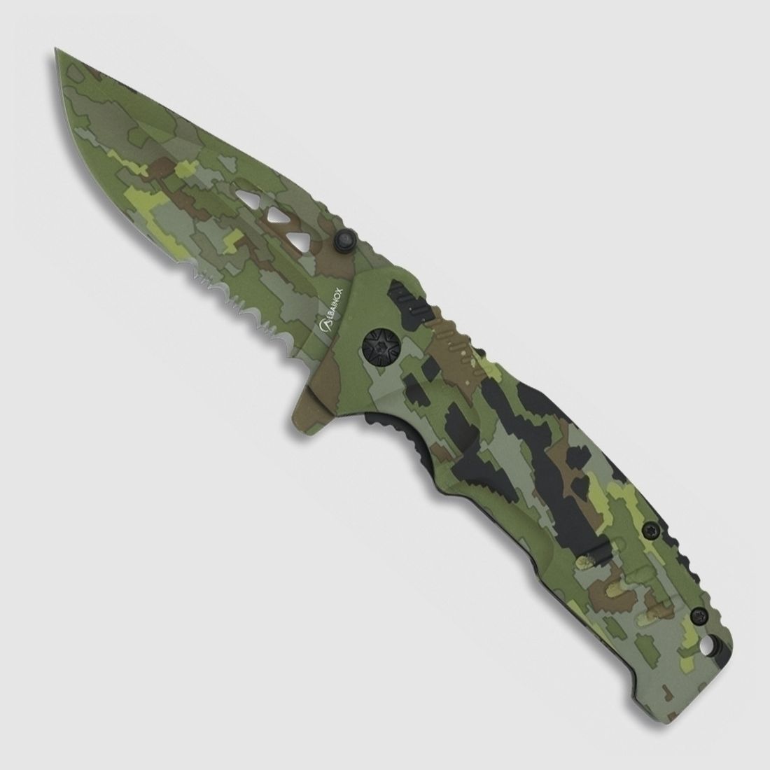 Coltello multiuso con dentatura parziale, camouflage digitale, colori mimetici flecktarn
