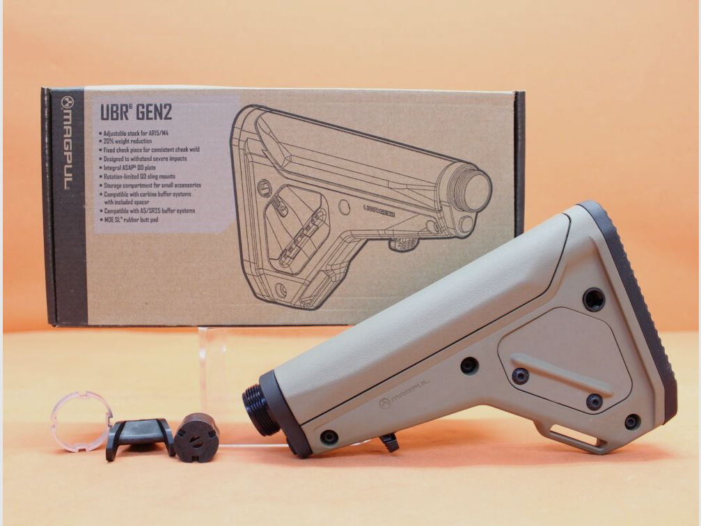 Magpul AR-15: Calciolo Magpul UBR 2.0 (MAG482-FDE) Calciolo per fucile d'assalto/utilità in polimero Flat Dark Earth, immagine 1 di 6