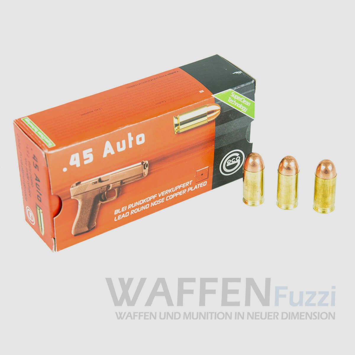 Geco .45 Auto Bleirundkopf verkupfert 230grs Super Clean 50 Schuss
