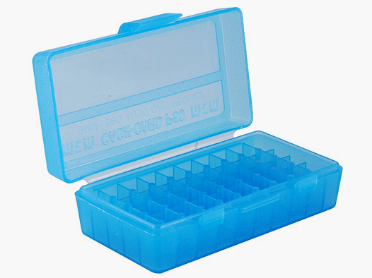 Boîte à cartouches MTM P50-9M-24 bleue claire avec couvercle rabattable pour 50 cartouches 9mm et autres.