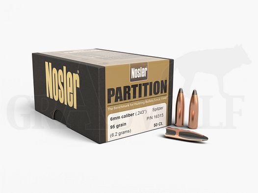 .243 / 6 mm 95 gr / 6.2 g Nosler Partition Spitzer Bullets 50 pieces