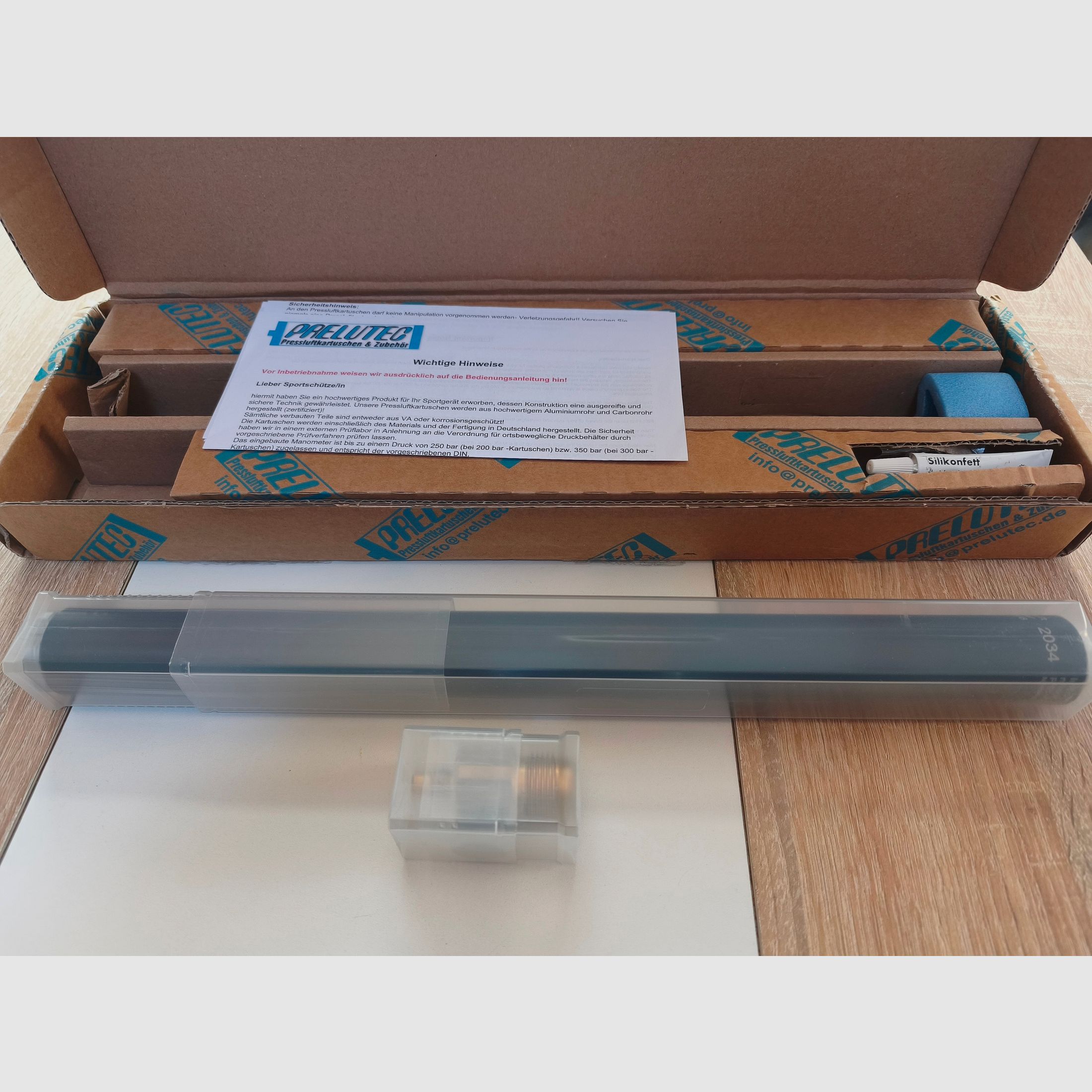 Cartucho de aire comprimido PRELUTEC para Walther LG 300 / LG 400 – Nuevo y sin usar – 250 Bar fabricación especial. Negro