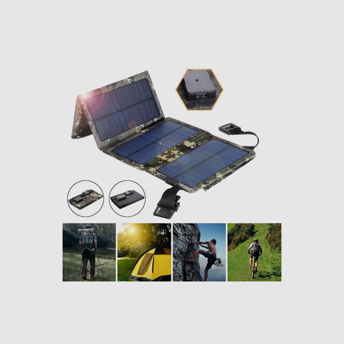 Pequeño panel solar plegable con conexión USB de 10-20 vatios en negro