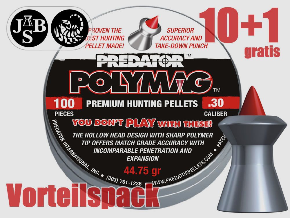 10+1 GRATIS x 100 StĂĽck JSB Spitzkopfdiabolos PREDATOR POLYMAG .30, Kal. 7,62 mm, 2,900 g