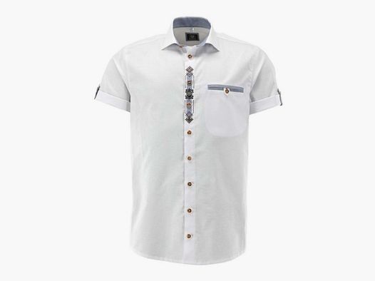 OS Trachten H-Camisa con Bolsillo en el Pecho y Bordado de Manga Corta