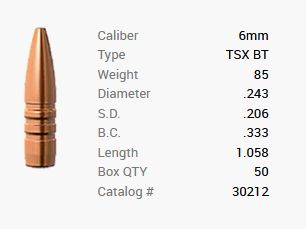 Barnes bullet 6mm/.243 85GR TSX BT 50 pieces