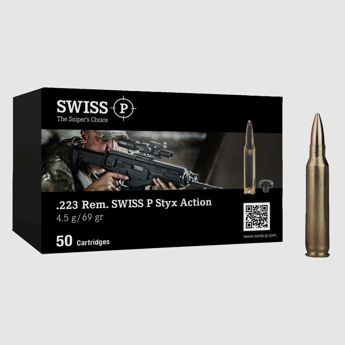 Swiss P – .223Rem / 69Gr. / 4.5g / 50Stk / Styx Action