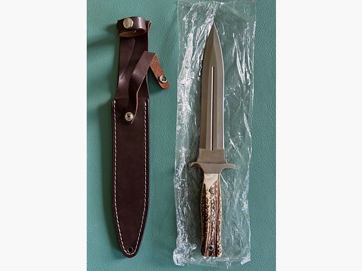 Cuchillo de caza Parforce / Hirschfänger con empuñadura de asta de ciervo y funda de cuero – Nuevo y sin usar