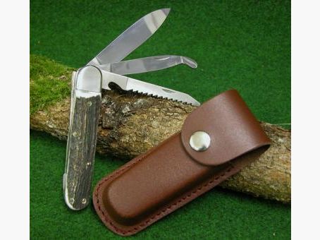 Hunting knife original " LEEGEBRUCH " 3-piece gutting knife, saw & blade, 440 steel with stag horn handle and leather sheath