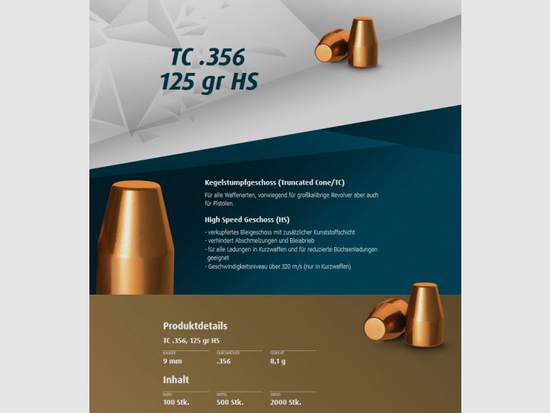 2000 St. H&N Geschosse .356 9mm TC HS 125grs - Kegelstumpf-Geschoss | Haendler&Nattermann High Speed