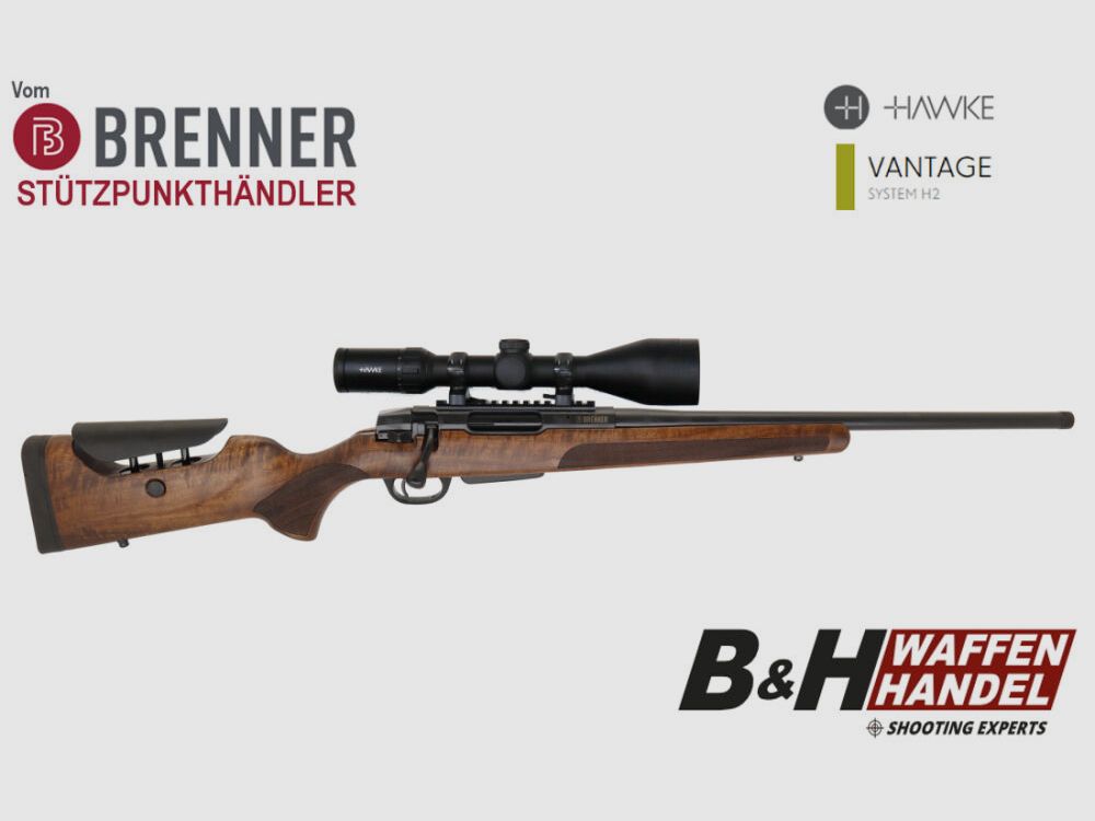 Brenner compleetpakket: BR20 L.E. (notenhout, verstelbare schoudersteun) met Hawke 3-12x56
