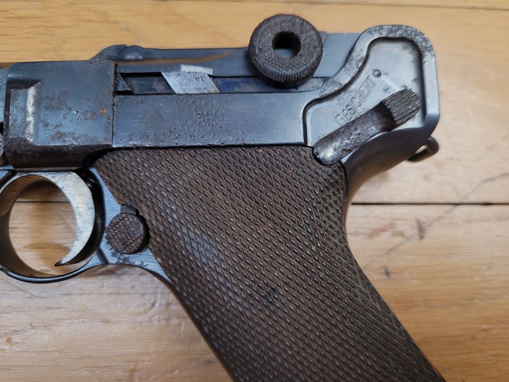 Guter Luger P08 Pistol – DMW von 1916 – Monomatrikel – 100% 14-18 – Gutes Magazin mit Holzboden – Lauf mit guten Zügen – Waffe zu reinigen sowohl für den Schuss als auch für die Sammlung – EM in globalem Zustand, Bild 4 von 21
