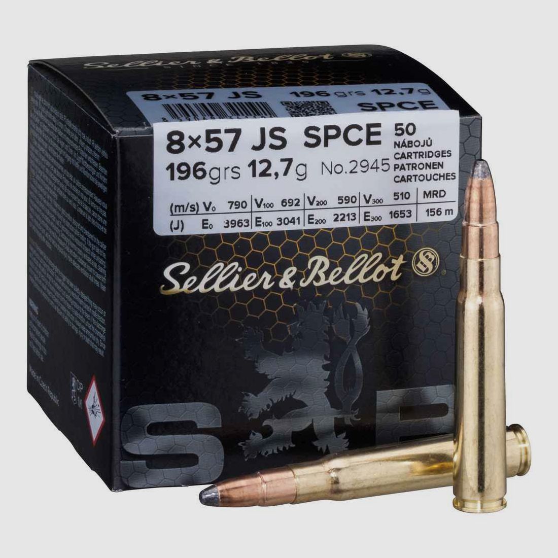S&B cartridge caliber 8x57 JS partial jacket CE 12.7g/196grs.