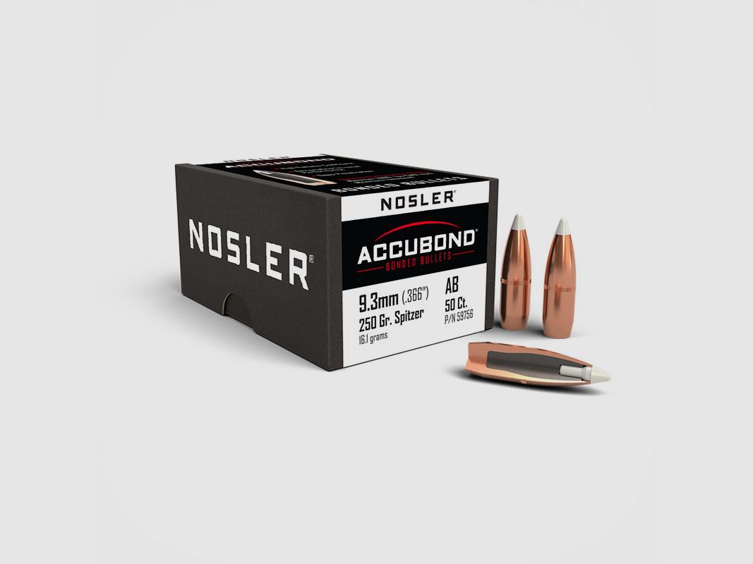 BULLE – NOSLER – ACCUBOND calibre 9,3mm (.366″) Spitzer 250 grains (16,2 grammes) Cann. (50 pcs)